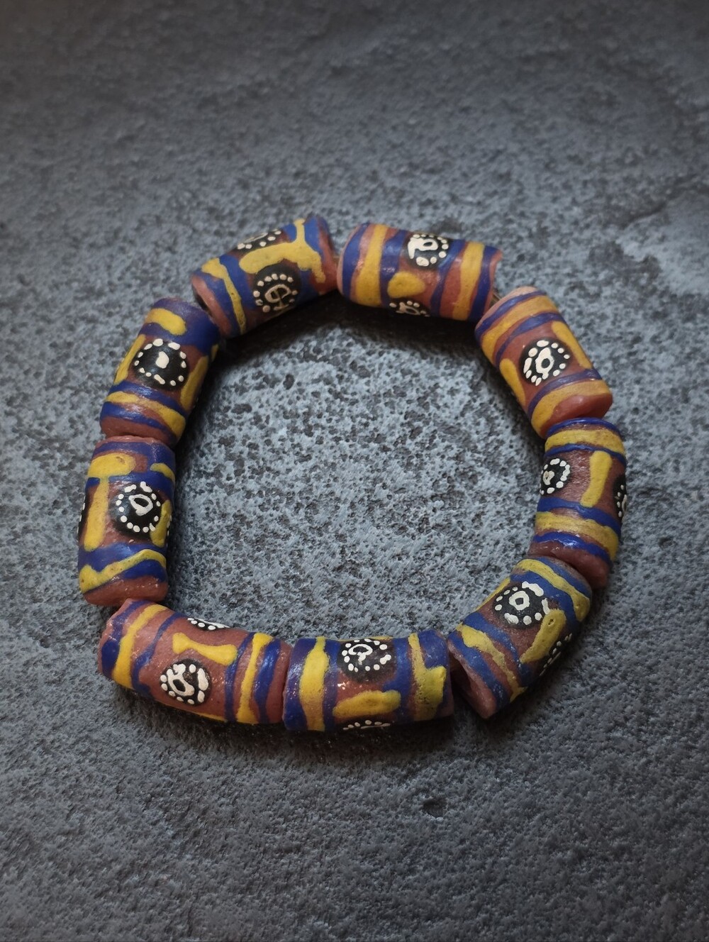 Handmade African Trade Bead Style Stretchy Bracelet – Yellow & Blue Krobo Beads